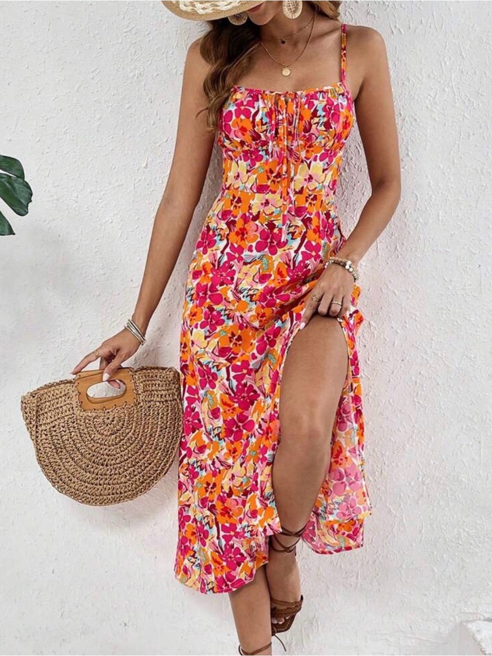 SHEIN Pink & Orange Floral Spaghetti-Strap Midi Dress